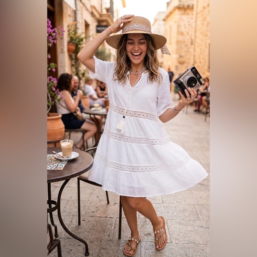 Kate & Sam Bohemian Inspired Lace Trim Tiered Dress - White - size Large